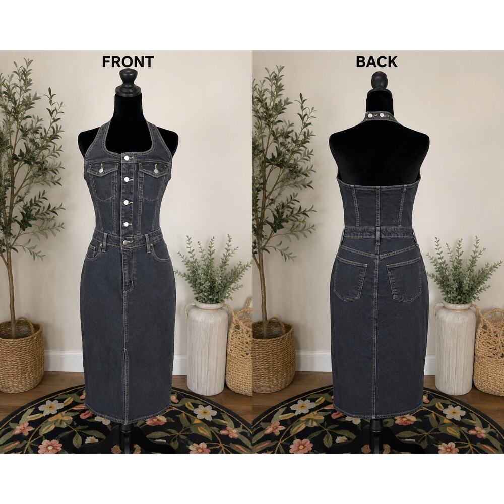NWT Black Denim Halter Midi Dress Button Front Open Back Universal Thread Size 6 - Picture 2 of 9